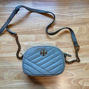Tory Burch Kira Chevron SM Camera Bag Quilted Cloud Blue Rolled Brass Gold